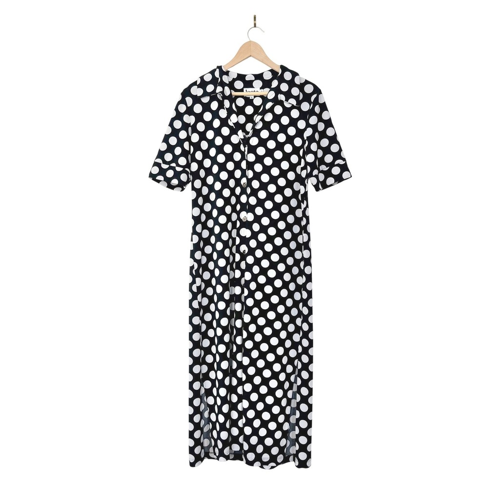 Leota Black White Large Polka Dot Minimalis Button Front Midi Dress Short Sleeve